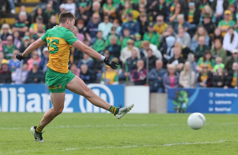 Conor O’Donnell scores a goal for Donegal. Photograph: Lorraine O’Sullivan/Inpho