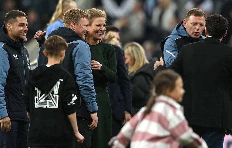 Newcastle United head coach Eddie Howe celebrates with the club's former minority owner Amanda Staveley after a Premier League victory against Leicester City in 2023. Photograph: Stu Forster/Getty Images
