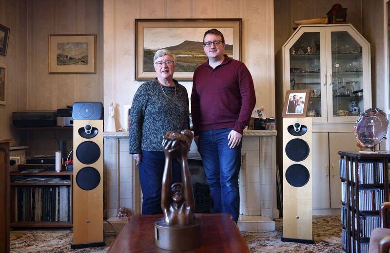 Daphne and Nicholas Trimble in the room that became David Trimble’s retreat. The statue on the coffee table was presented to David by the University of Minnesota for his contribution in bringing peace to Northern Ireland through the Belfast Agreement.  Photograph: Stephen Davison
