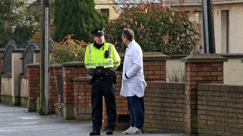 A Garda at The scene of a fatal stabbing on Avenue Road in  Dundalk. Photograph:  Colin Keegan/Collins.