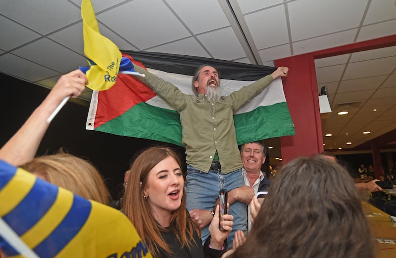Luke 'Ming' Flanagan with a Palestinian flag after being re-elected as an MEP. Photograph: Conor McKeown/PA Wire