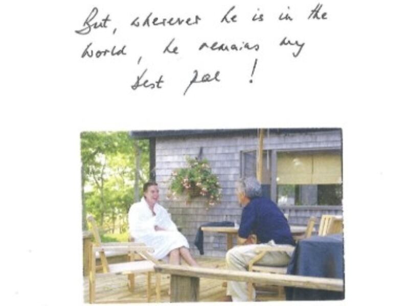 An extract from the 50th birthday album compiled in 2003 for Jeffrey Epstein, contributed by Peter Mandelson, showing the two together along with the message, “But, wherever he is in the world, he remains my best pal!” Photograph: US Committee on Oversight and Government Reform/PA Wire