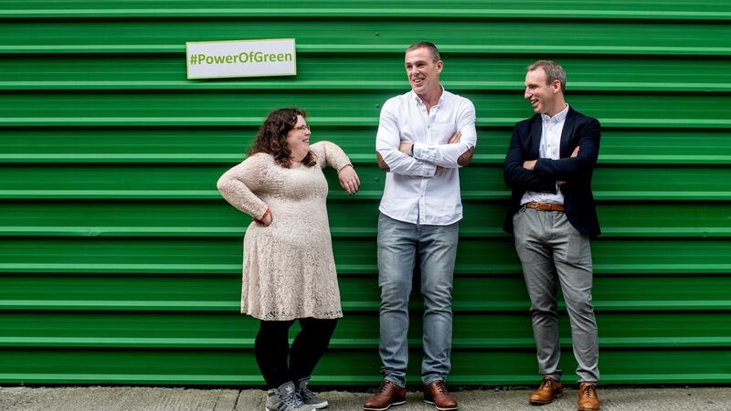 Comedian Alison Spittle, Richard Dunne and  Enda McNulty  at the launch SSE Airtricity’s Power of Green campaign. Photograph: James Crombie/Inpho