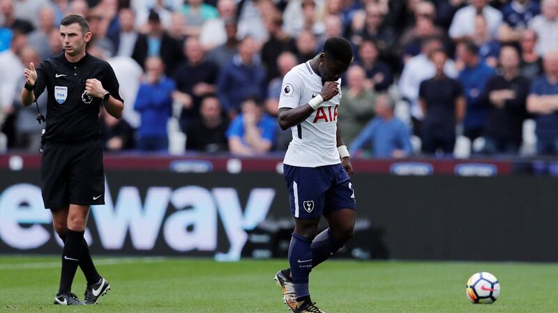 Tottenham’s Serge Aurier is  sent off.  Photograph: Eddie Keogh/Reuters