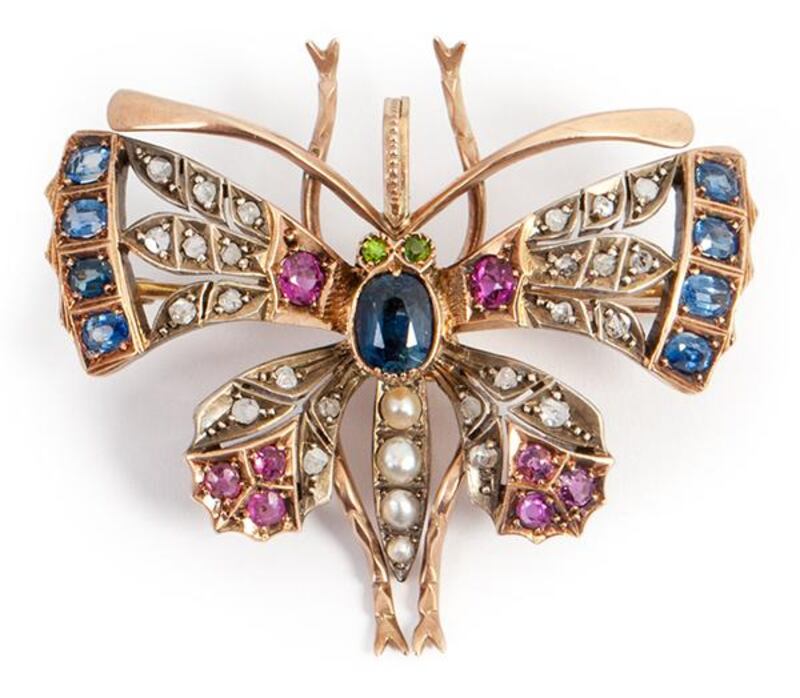 Butterfly brooch set with sapphires, rubies and pearls