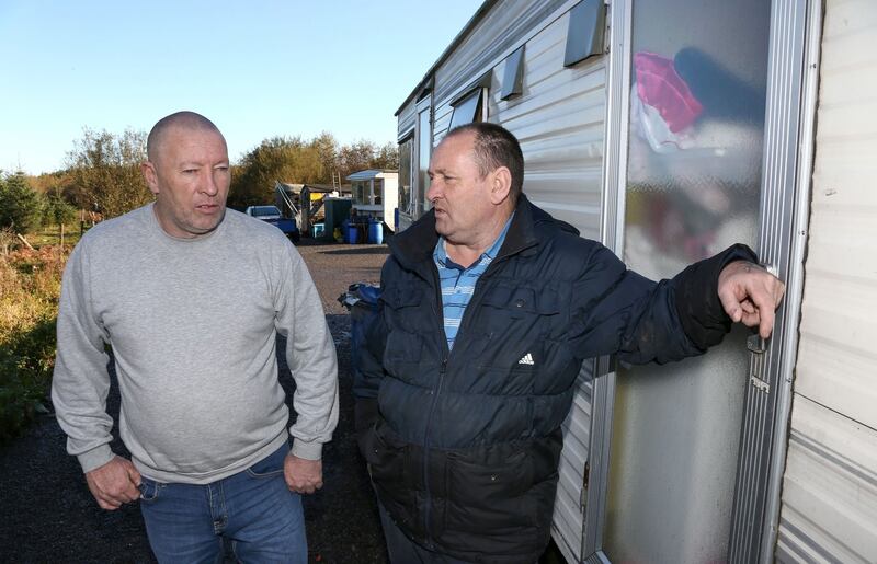 Photograph for Rosita Boland story - Ballinasloe travellers. Martin Cawley (left) with his cousin Jim Ward, at the site where Martin lives near  Ballinasloe. Photograph: Joe O’Shaughnessy. 1/11/2018