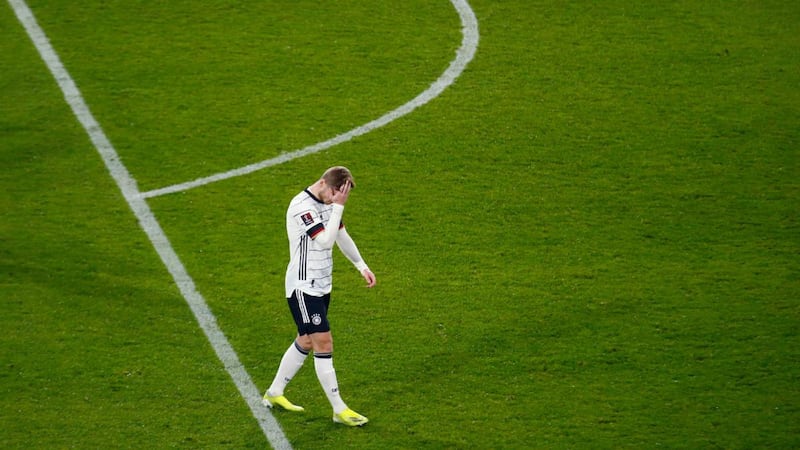 Timo Werner reacts to a missed chance in the defeat to North Macedonia. Photograph: Getty Images