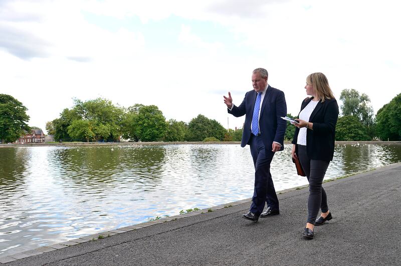 Conor Burns with Freya McClements: “I suppose I had the opportunity, having left here at a relatively young age, of growing up in an environment where politics was about economics and wellbeing and what sort of society you wanted to create, economically and socially, not driven by constitutional identity or sectarian division.” Photograph: Arthur Allison/Pacemaker Press 