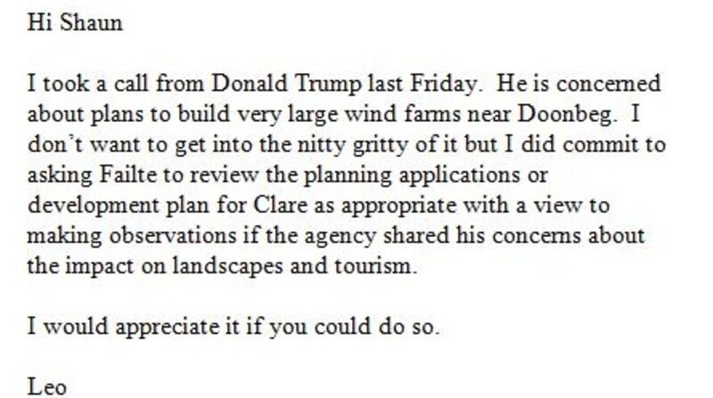Email sent by Leo Varadkar, then minister for tourism and sport, to Fáilte Ireland chief executive Shaun Quinn on  February 24th 2014