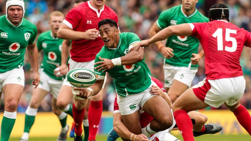 Ireland’s Bundee Aki in action  against Wales on Saturday. Photograph: Billy Stickland/Inpho
