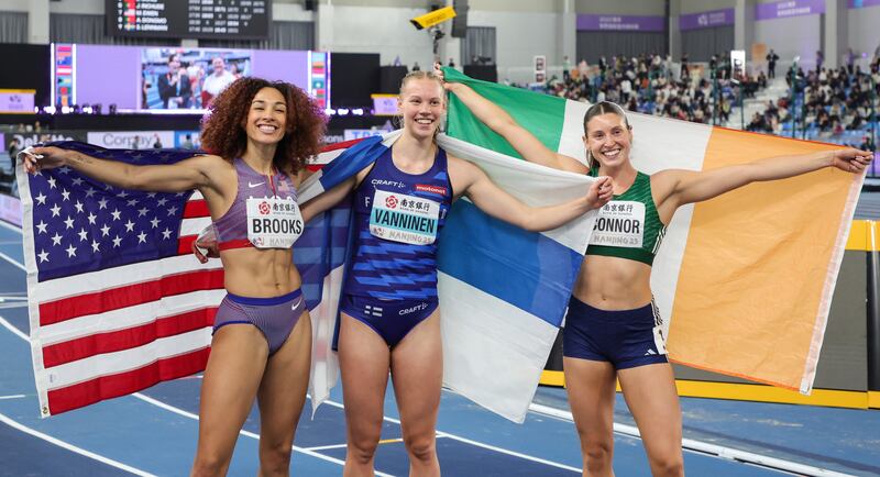 Ireland’s Kate O’Connor celebrates after winning the silver medal in the Women’s Pentathlon. Photograph: Nikola Krstic/Inpho