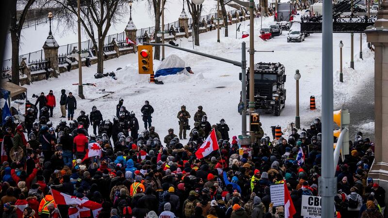 Police work to remove demonstrators on Saturday in Ottawa, Canada. Photograph: Andrej Ivanov/AFP via Getty Images