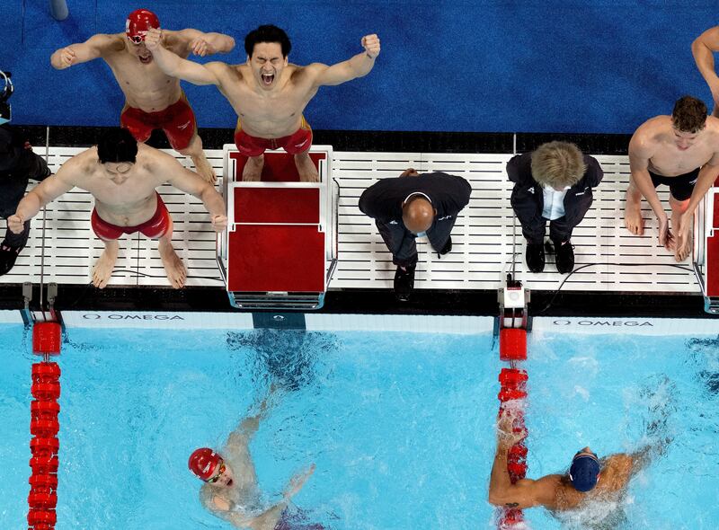 China's Xu Jiayu, Qin Haiyang, Sun Jiajun and Pan Zhanle celebrating after winning the final of the men's 4x100m medley relay. Photograph: Manan Vatsyayana/AFP via Getty Images