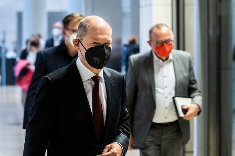 Olaf Scholz, chancellor candidate for the SPD, and Norbert Walter-Borjans, head of the SPD, during the first meeting of the party at the Bundestag. Photograph by Florian Gaertner/Photothek via Getty