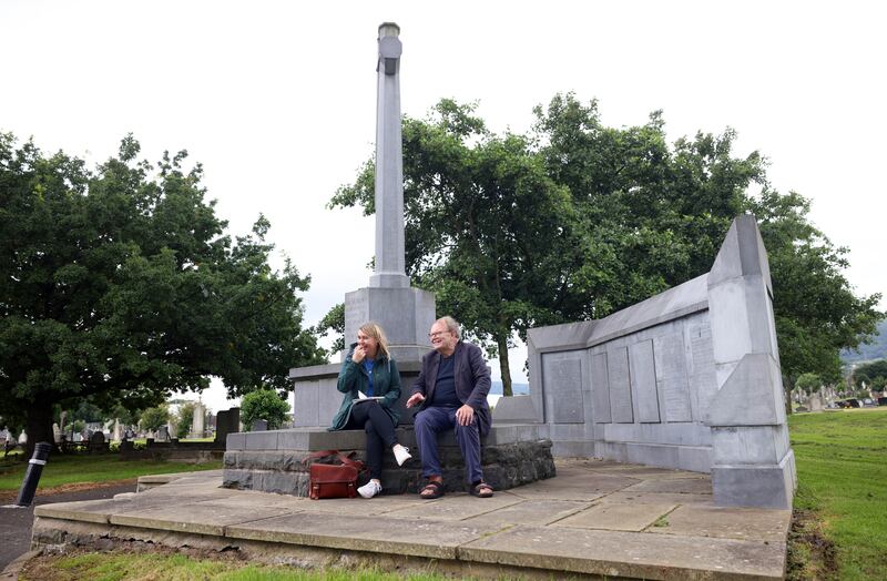 Historian Tom Hartley chats with Irish Times reporter Freya McClements at the memorial to soldiers who died during the first World War at Milltown Cemetery, Belfast. Photograph: Stephen Davison
