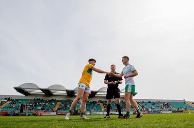 Leitrim captain David Bruen and London captain Liam Gavaghan with referee John Molloy before the 2022 Connacht Senior Football Quarter-Final at McGovern Park, Ruislip. Photograph: James Crombie/Inpho