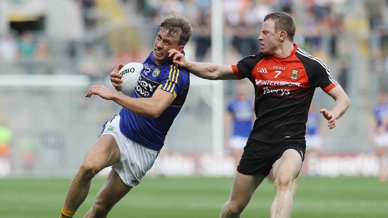 Mayo’s Colm Boyle challenges Donnchadh Walsh of Kerry during the All-Ireland semi-final replay. Photograph: Lorraine O’Sullivan/Inpho