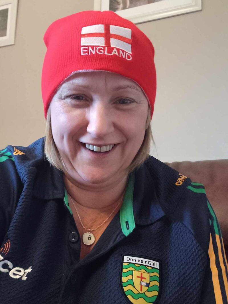 Belinda Sheridan with her England bobble hat and Donegal top
