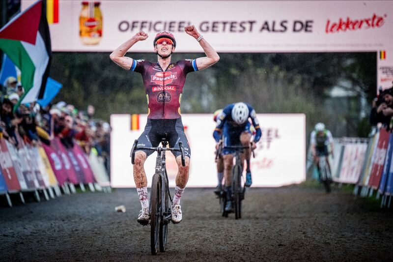 Belgian Michael Vanthourenhout celebrates as he crosses the finish line to win the men's elite race of the World Cup cyclocross cycling event in Dublin. Photograph: Jasper Jacobs/Getty