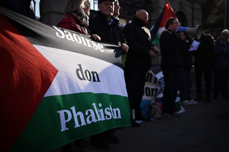 Pro-Palestinian supporters rally to support the Occupied Territories Bill outside the Dáil earlier this year. Photograph: Chris Maddaloni/The Irish Times