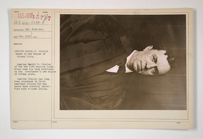 A 1918 file on Cohalan in the American War Department, compiled after media revelations about Cohalan’s communications with Germany prior to the 1916 Rising.  Photograph: US National Archives and Records Administration