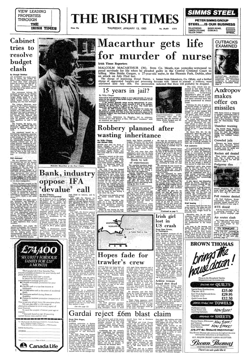 The front page of The Irish Times on January 13th, 1983