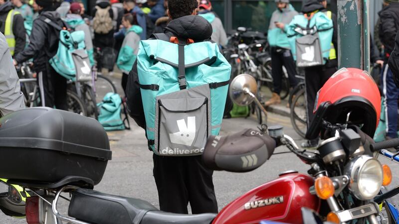 Deliveroo delivery staff   protested in Dublin on Friday over attacks on them while they are working. Photograph: Alan Betson/The Irish Times