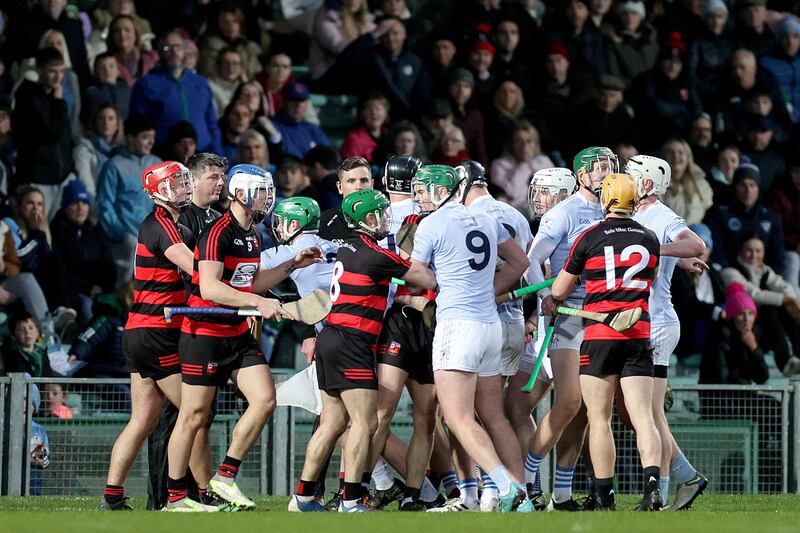 Tempers flare between Ballygunner and Na Piarsaigh at the end of the first half in Limerick. Photograph: Laszlo Geczo/Inpho