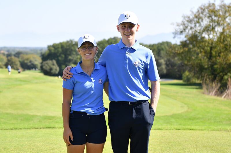 Nora Sundberg and Sean Keeling of team Europe before the start of the fourballs during Day Two of the 2023 Junior Ryder Cup at Golf Nazionale in Viterbo, Italy. Photograph: Valerio Pennicino/Getty Images