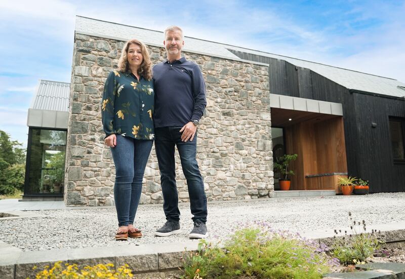 RTÉ Home of the Year 2023: Janice and Rob McConnell, whose architectural new build in Co Antrim won this year's series, judged by Hugh Wallace, Amanda Bone, and Sara Cosgrove. Photograph: RTÉ