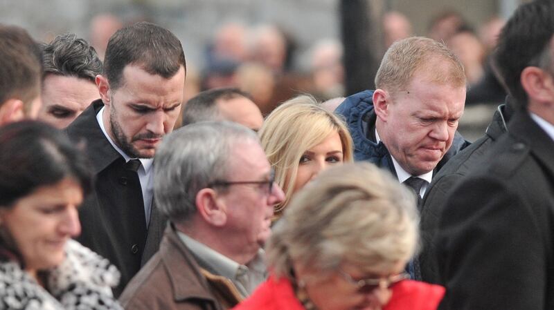 Republic of Ireland international John O’Shea and former manager Steve Staunton at Liam Miller’s funeral Mass in Ovens, Co Cork. Photograph: Daragh Mc Sweeney/Provision