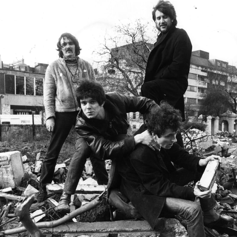 The Stranglers: (from left to right) Dave Greenfield, Jean Jacques Burnel, Jet Black and, being ‘strangled’, Hugh Cornwell. Photograph: Ian Tyas/Keystone Features/Getty