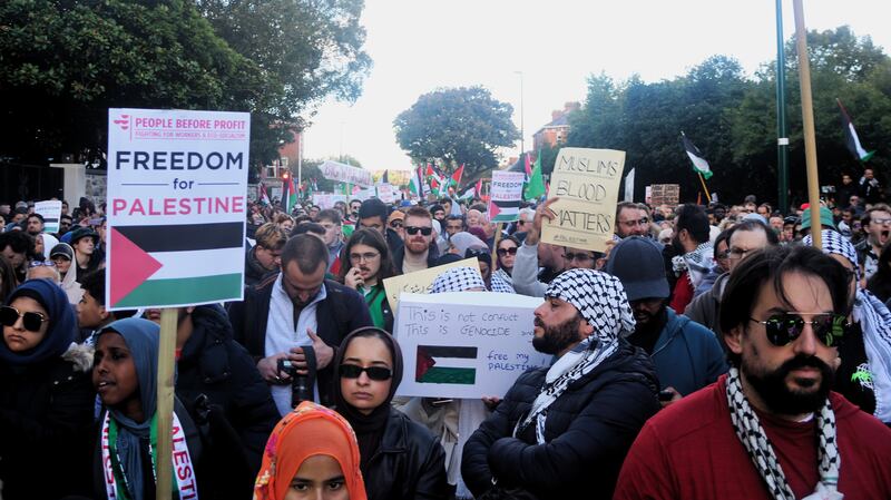 A section of the large crowd outside the Israeli embassy in Dublin on Saturday