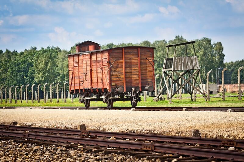 The freight wagon which stands in the centre of the camp. Its an example of those used to carry people from across Europe in trains to the camp. Photograph: iStock