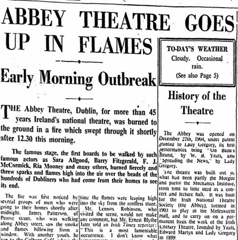 The fire in the Abbey was front page news in The Irish Times in 1951