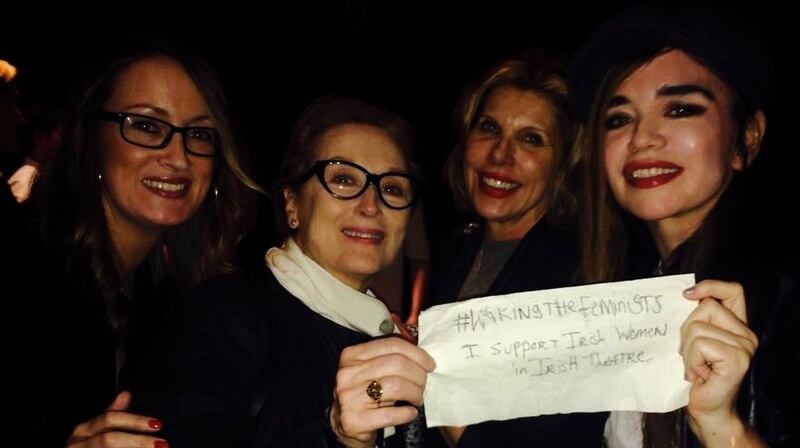 From left,  Lisa Tierney-Keogh, Meryl Streep,  Christine Baranski and Laoisa Sexton with their WTF message of support in Brooklyn in  November 2015
