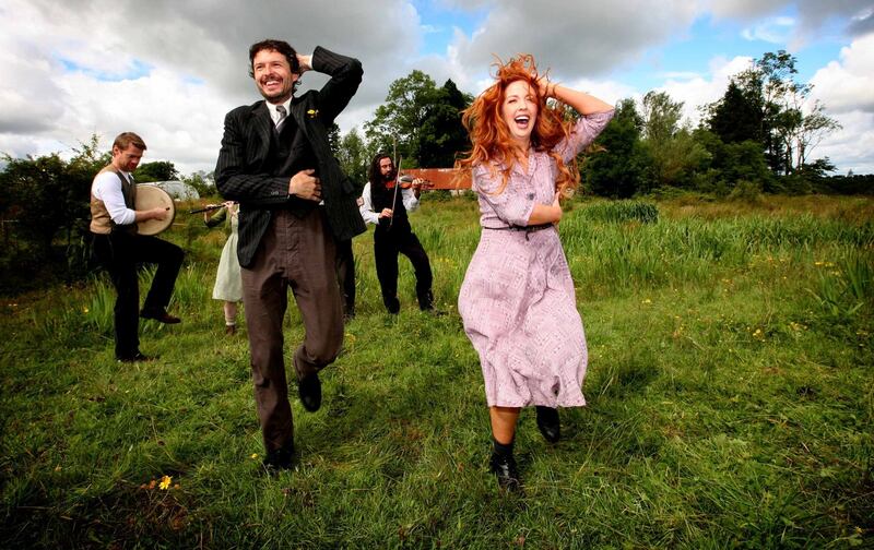 The cast of the Abbey Theatre's Jimmy's Hall visiting the site of the original hall  and the ruin of Jimmy Gralton's home in Effrinagh, Co.Leitrim in July. Photograph: Brian Farrell