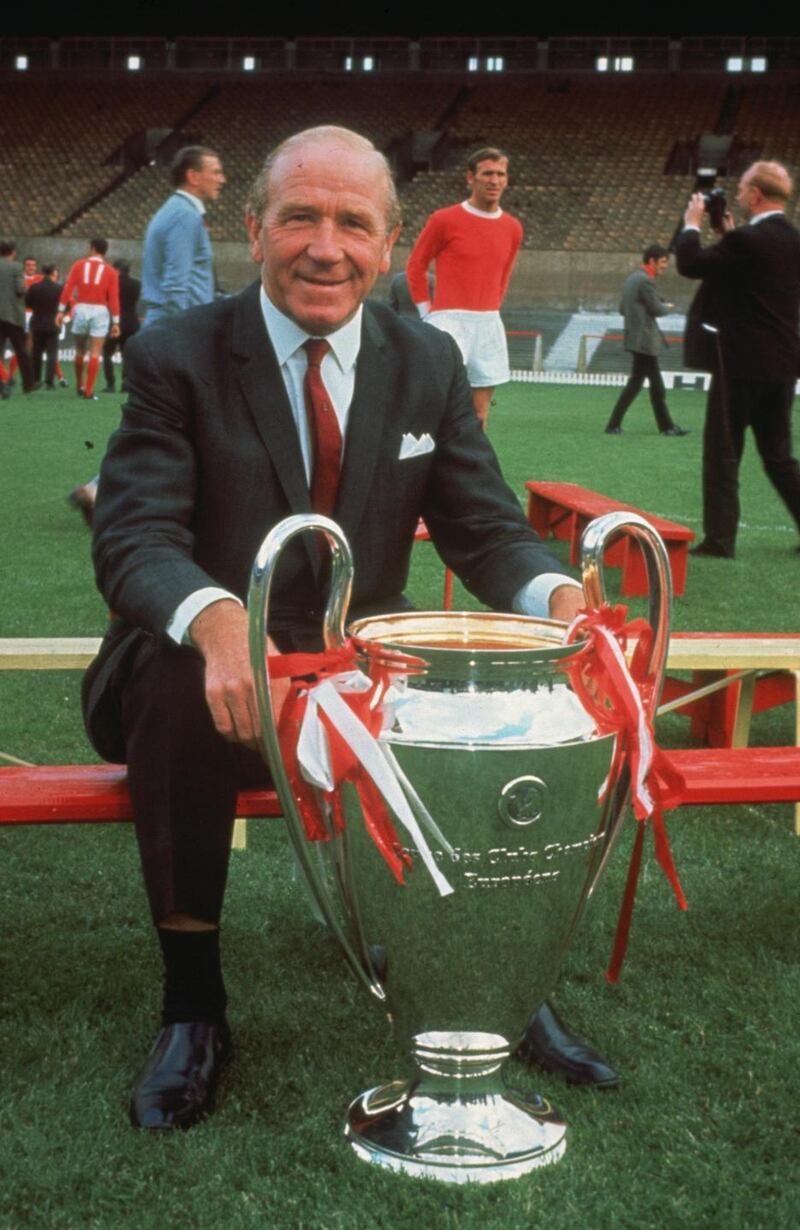 Sir Matt Busby holds the European Cup trophy at Wembley on May 29th, 1968. It would be their last piece of silverware until 1993. Photograph:  Mike McLaren/Getty Images