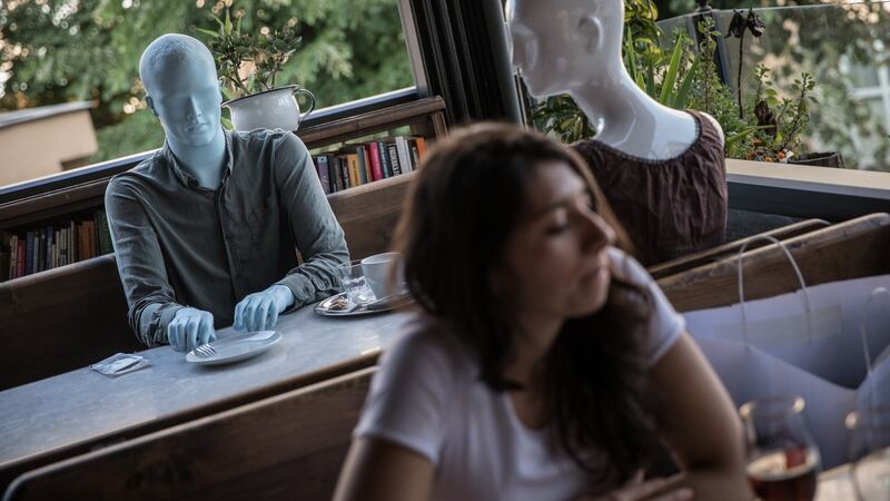 Mannequins are seen placed between tables to help customers adhere to new restaurant social distancing rules in Istanbul, Turkey. Photograph:  Chris McGrath/Getty