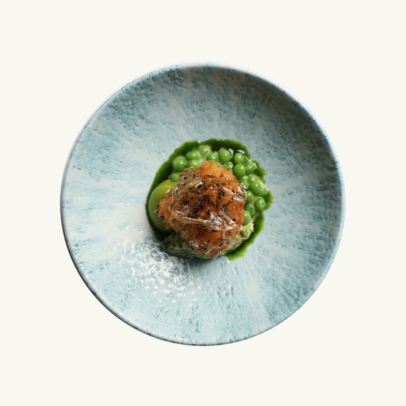 Scampi: Monkfish cheek, dill emulsion, gribiche, peas, beurre blanc.