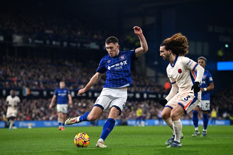 Ipswich Town's Irish defender Dara O'Shea (left) could return to the Premier League if a bid is tabled in the next couple of months. Photograph: Glyn Kirk/AFP via Getty Images