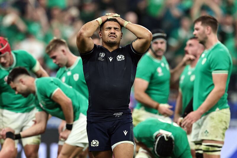 Scotland's Sione Tuipulotu reacts during the Rugby World Cup Pool B match against Ireland at the Stade de France. Ireland's win meant Scotland had to face up to the reality of a third pool exit in four World Cups. Photograph: Franck Fife/AFP/Getty Images