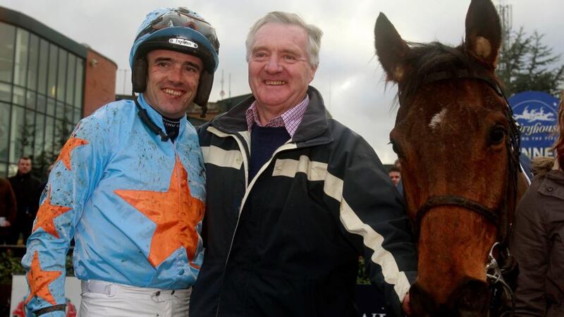 Jockey Ruby Walsh and owner Eddie O’Connell with Turban after their win in  the Underwriting Exchange Dan Moore Memorial Handicap Chase.