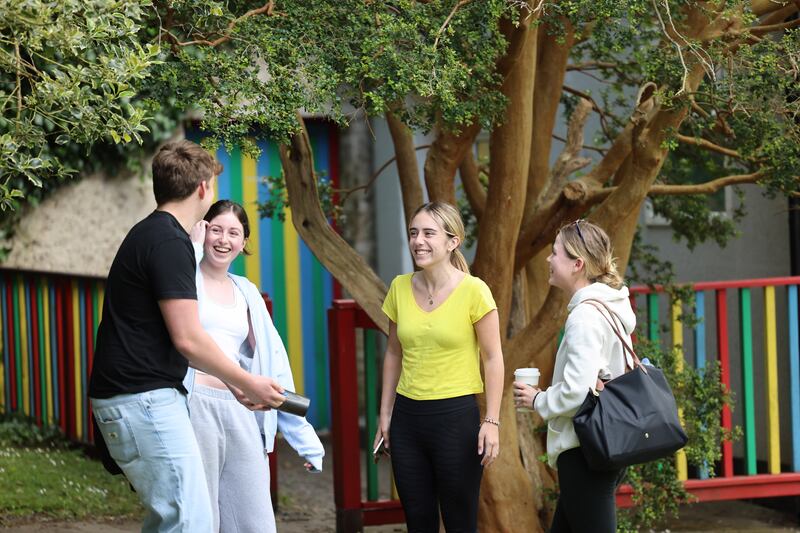 Leaving Cert students from left; Jack Sullivan, Zoe Flynn, Lucy Carroll and Hannah Murphy, after Irish paper one, at Sutton Park School, Sutton, Dublin.   Photograph: Dara Mac Dónaill







