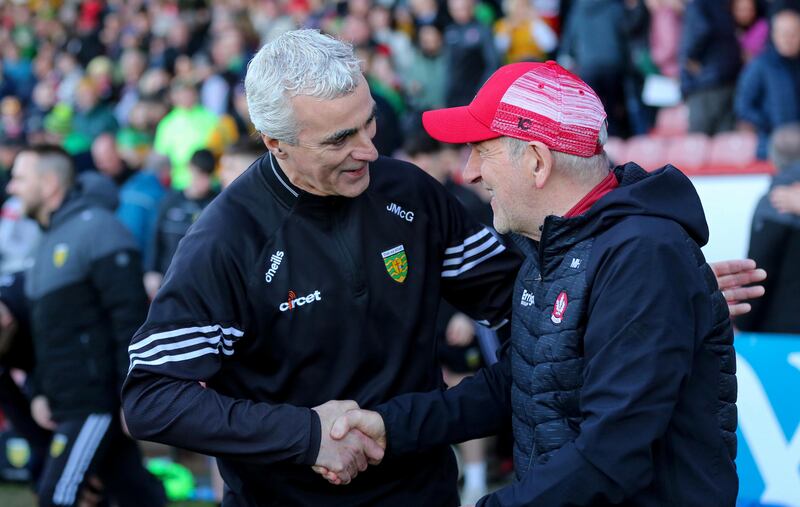 Donegal manager Jim McGuinness and Derry Manager Mickey Harte at
the Ulster senior championship quarter-final in Celtic Park. Photograph: Lorcan Doherty