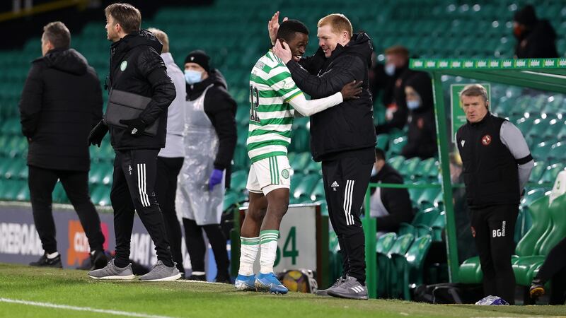 Neil Lennon congratulates Ismaila Soro during Celtic’s win over Dundee United. Photograph: Ian MacNicol/Getty