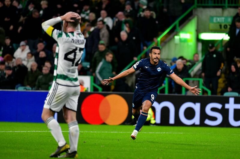 Pedro Rodriguez of Lazio celebrates his side's winner during the game against Celtic at Celtic Park in the Champions League. Photograph: Getty
