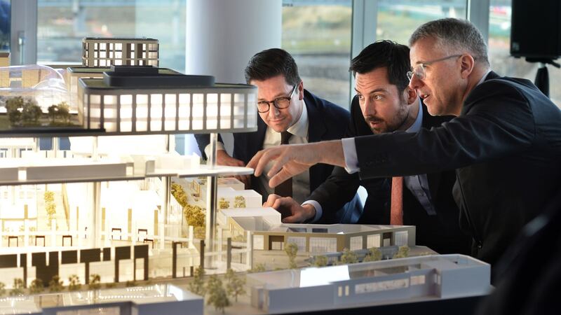 Minister for Housing Eoghan Murphy (C) with Brian Moran, senior managing director with Hines’ Dublin and Paul van Stiphout, senior portfolio manager at APG Asset Management, (left) at announcement of  the construction of new apartments at Cherrywood  in December 2018. Photograph: Dara Mac Dónaill/The Irish Times