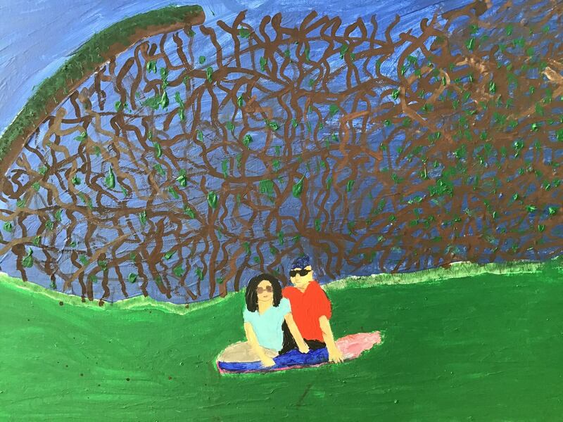 Sophie o Driscoll, aged 10.
'On Easter Saturday, April 11th 2020 I went to bushy Park with my mummy and daddy and my older sister and my dog Bailey. Bushy Park is within our 2 km radius from our house. We brought a picnic and a ball. As my parents were sitting on the grass in bushy Park I took this photo and decided to paint it.  I love picnics and this painting represents many of the fun things I like to do during this time of restrictions with COVID19 . My mummy was reading the paper in bushy Park and this is how I found out about this art competition.'