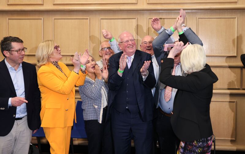 Senator Michael McDowell, with Senator Ronan Mullen, Senator Sharon Keoghan, Verona Murphy, TD, Noel Grealish TD and Gerard Craughwell , at the official announcement of Family Referendum results at the Central Count Centre, in Dublin Castle on Saturday. Photograph: Dara Mac Dónaill 